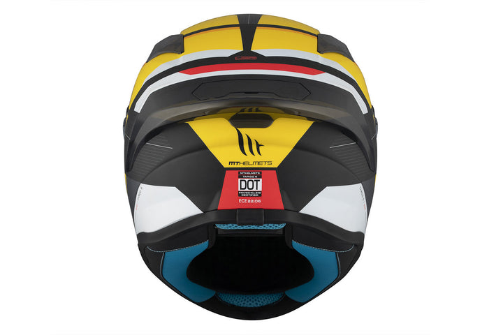 Bakre vy av MT Helmets Integral Mc-Hjälm Targo S Kay B3 med ventiler och DOT-märkning, idealisk för motorcyklister.