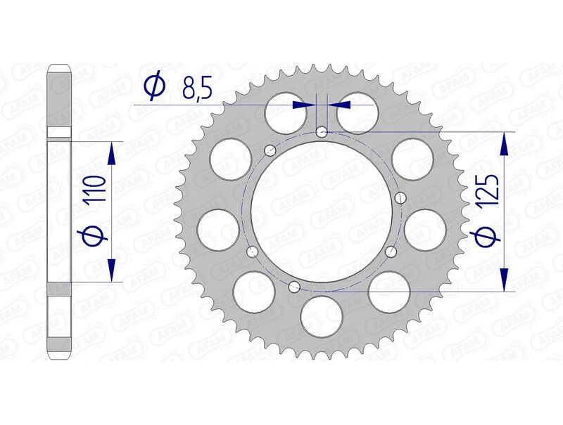 AFAM Aluminium Bakdrev 60104 - 428 med 125 mm ytterdiameter och 110 mm innerdiameter. Lätt och hållbart bakdrev för motorcyklar och mopeder.