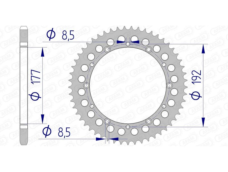 Teknisk ritning av AFAM Aluminium bakdrev 63300 - 520 med diameter- och bultmått. Reservdel för Husqvarna motocross och enduro modeller.