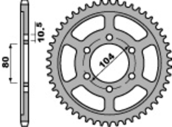 PBR Standard C45 Steel Rear Sprocket 4359 - 525 4359 40 C45 med 104 mm bultcirkel och 80 mm navhål, reservdel för motorcykelchassi.