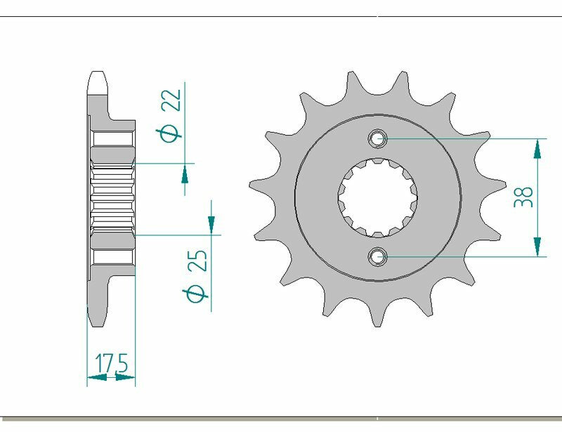 AFAM Steel Standard Front Sprocket 52616 - 525 framdrev i stål med teknisk ritning och måttspecifikationer. Passar Ducati 796 och 950 Multistrada modeller.