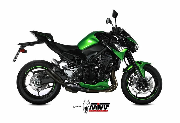 MIVV Double Gun Silencer Steel Black monterad på Kawasaki Z900 K.052.SDGB, visad från sidan. Sportig design för optimal prestanda.