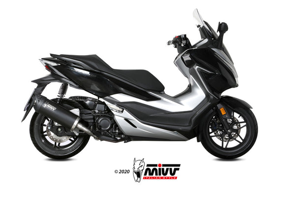 MIVV Mover Silencer Black Stainless Steel/Black ABS End Cap monterad på Honda Forza 300, visad från sidan. Perfekt reservdel inom ACC. EXHAUST.