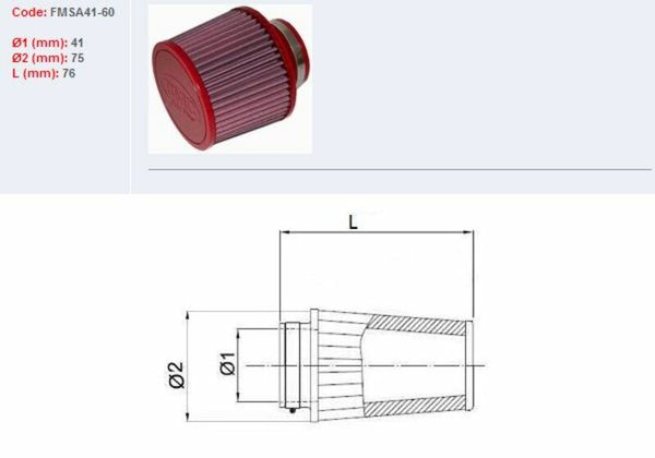 BMC Filtr powietrza zwężającego się Ø41mm-FMSA41-60 FMSA41-60