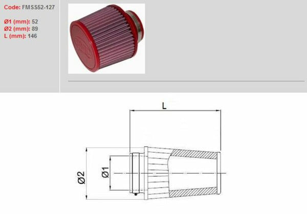 BMC Filtr powietrza zwężającego się Ø52mm-FMS52-127 FMS52-127