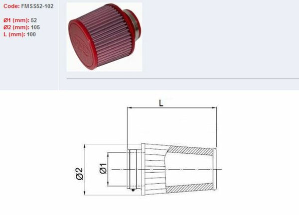 BMC Air Filtr zwężane Ø52mm-SS52-102 FMS52-102