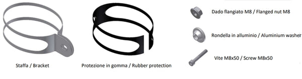 MIVV Mounting Kit för Oval Small Muffler 50.SC.KU.001.SX1 med fäste, gummiskydd, M8 flänsmutter, aluminiumbricka och M8x50 skruv. Perfekt reservdel för avgassystem.