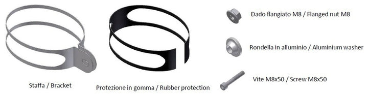 MIVV Mounting Kit för Mover Muffler 50.SC.KU.001.SV med fäste, gummiskydd, M8 flänsmutter, aluminiumbricka och M8x50 skruv. Perfekt för avgassystem.