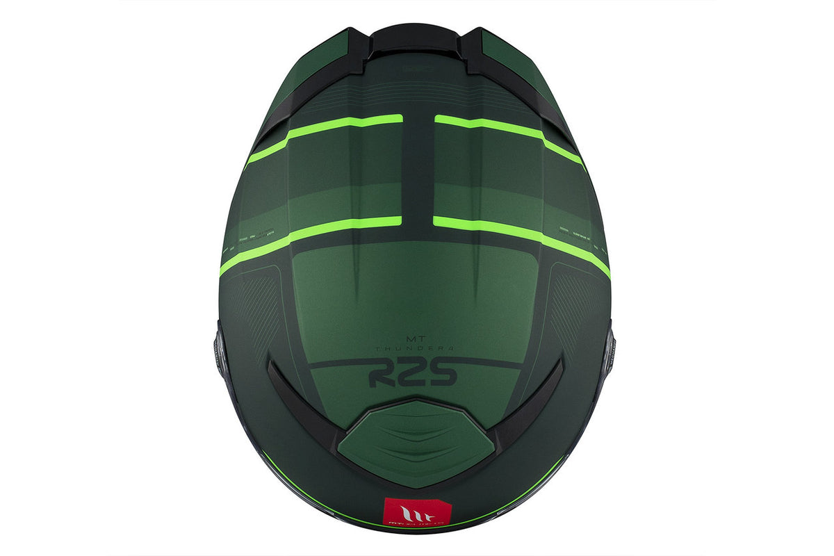 Toppen av MT Helmets Integral Mc-Hjälm Thunder 4 SV R25 Grön med grön färg, neon-detaljer och aerodynamiska linjer.