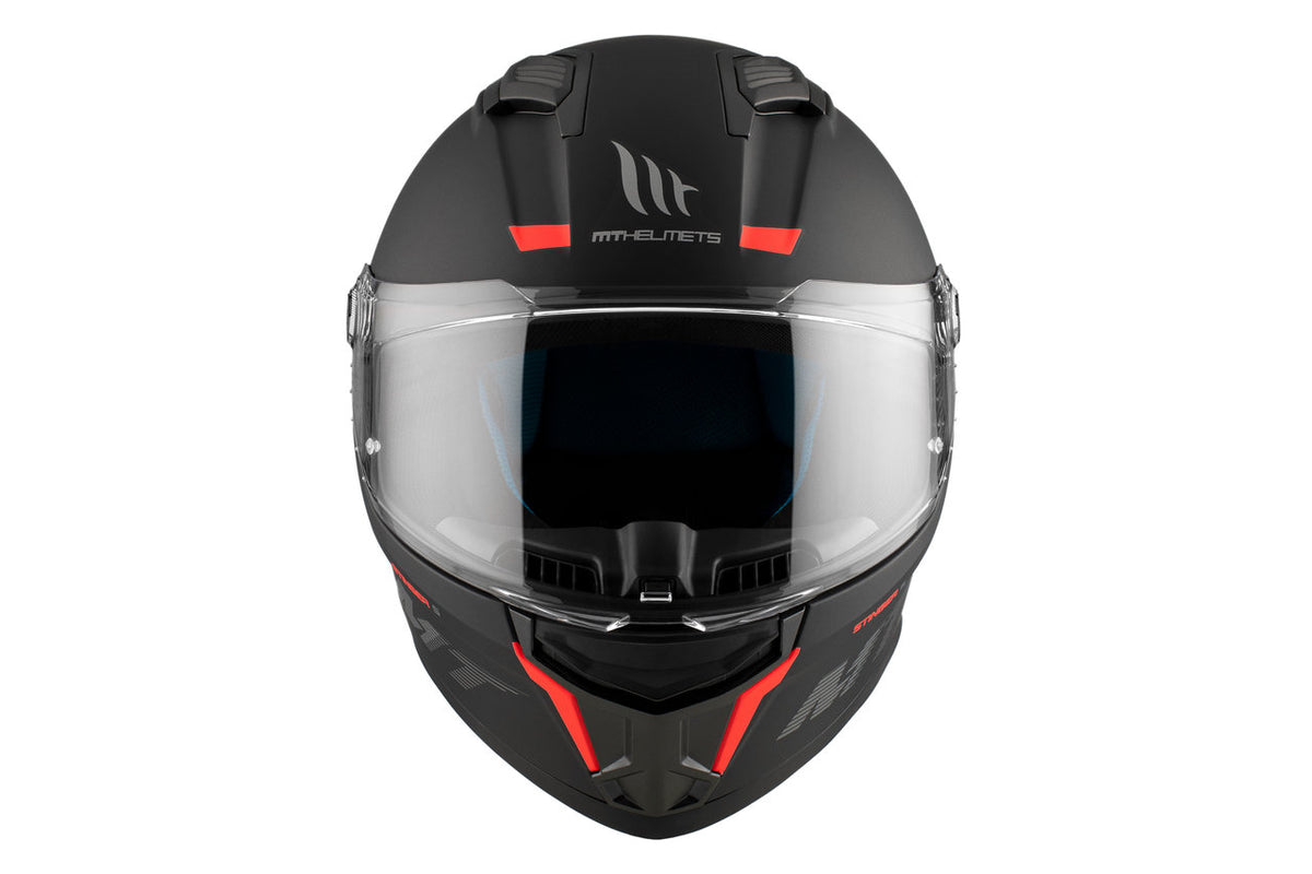 Frontalvy av MT Helmets Integral Mc-Hjälm Stinger 2 Matt Black med klart visir och modern design för optimal säkerhet och komfort.