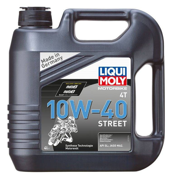 Liqui Moly Motorolja 4T 10W40 STREET 4L för motorcyklar, med syntetisk teknologi och API SL/JASO MA2-specifikationer. Perfekt för fordon under kategorin motorolja.