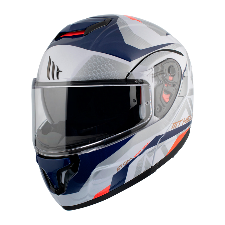 MT Helmets öppningsbar MC-hjälm Atom Pearl White med modern design i vitt, blått och rött, visir och ventilationssystem. Storlekar XS-XXL.