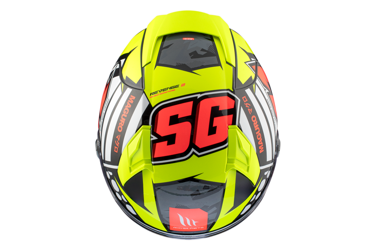 Toppvy av MT Helmets Integral Mc-Hjälm Revenge 2 Sergio Garcia A3 med SG-logotyp och neonfärgad grafik.