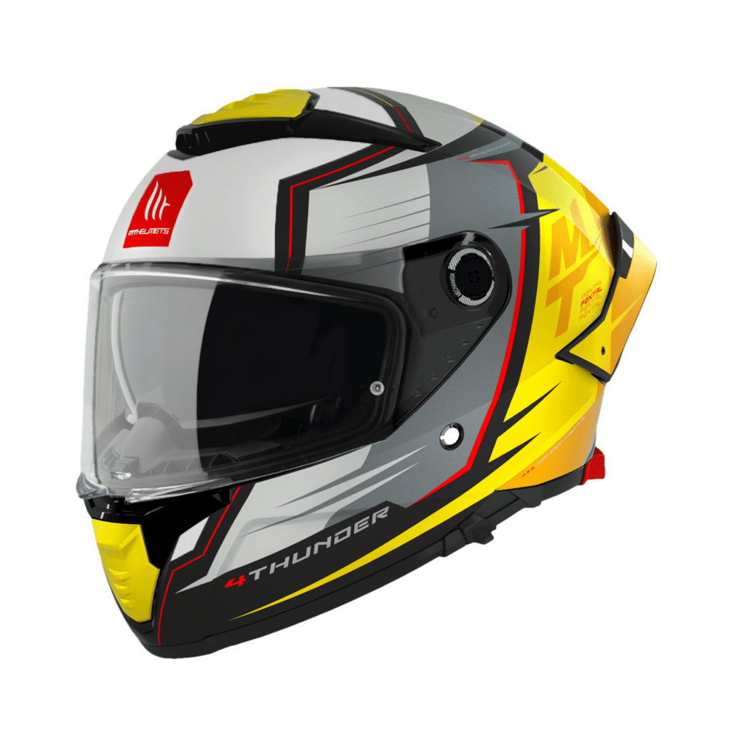 MT Helmets Integral Mc-Hjälm Thunder 4 SV Pental Pearl Gul med aerodynamisk design, visir och gul, grå samt svart grafik.