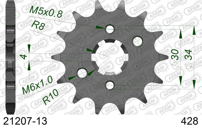 AFAM Steel Standard Front Sprocket 21207-13 - 428 med tekniska specifikationer. Passar Beta, Rieju och Yamaha 125cc motorcyklar.