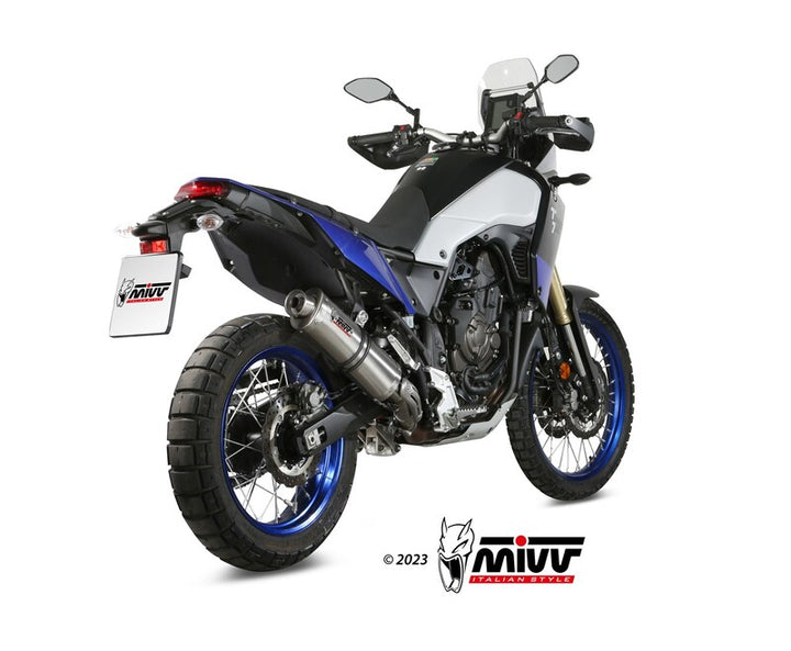 Bakre vy av Yamaha Ténéré 700 med MIVV Slip-On Exhaust Oval Y.064.LX1 installerad, idealisk för fordonstillbehör och avgassystem.
