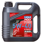 Liqui Moly Motorolja 4T SYNT 5W-40 RACE 4L med röd etikett och svart plastbehållare, idealisk för motorcyklar och högpresterande motorer.