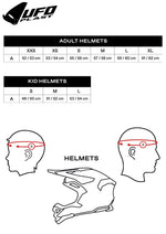 Storlekstabell för UFO Jet Mc-Hjälm Sheratan med mått för vuxna och barn, samt illustration av hjälmens passform.