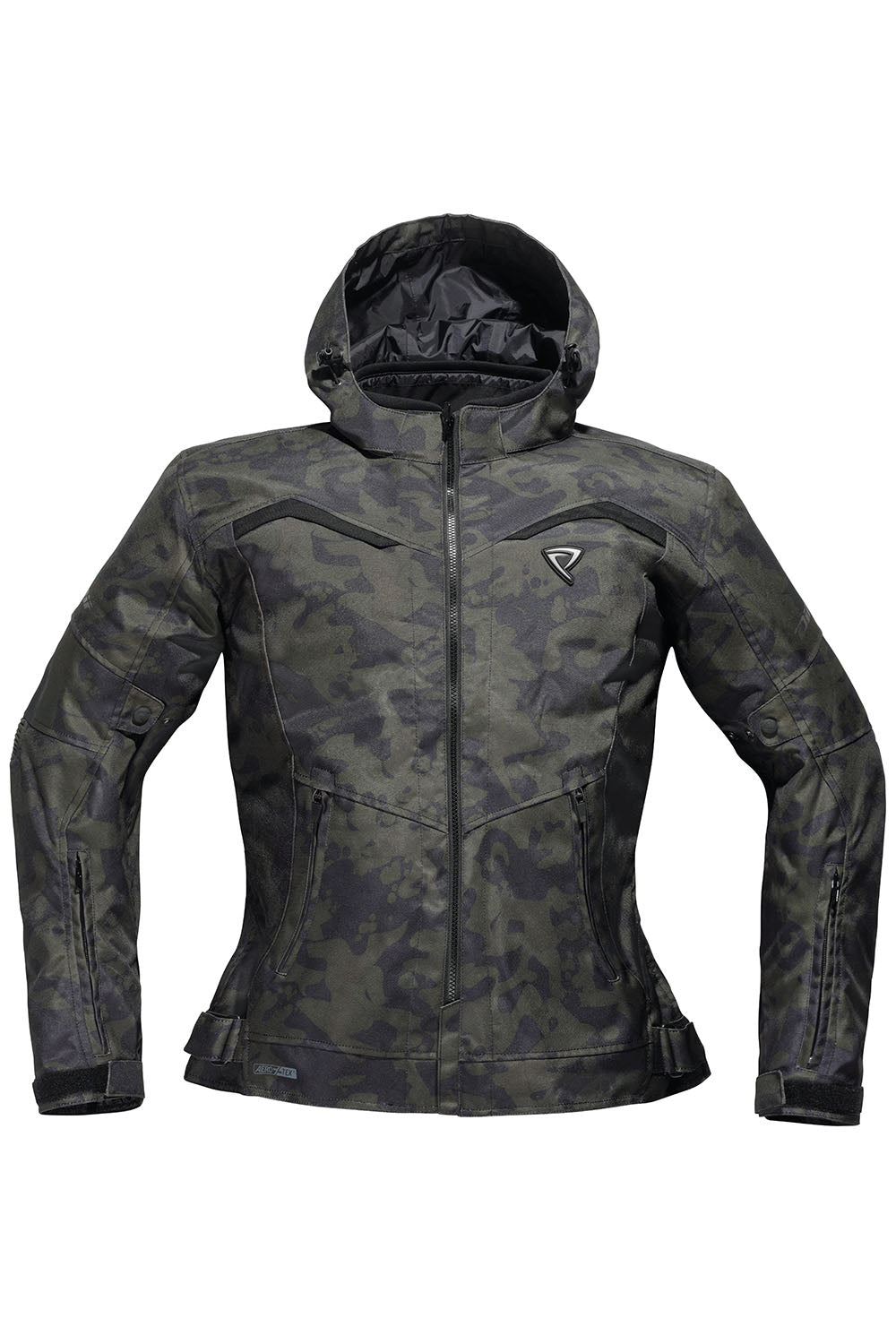 Difi Dam Textil MC-jacka Iridium i grön camo-design med vindtätt och vattenavvisande material. Justerbara skydd och perfekt för motorcyklister.