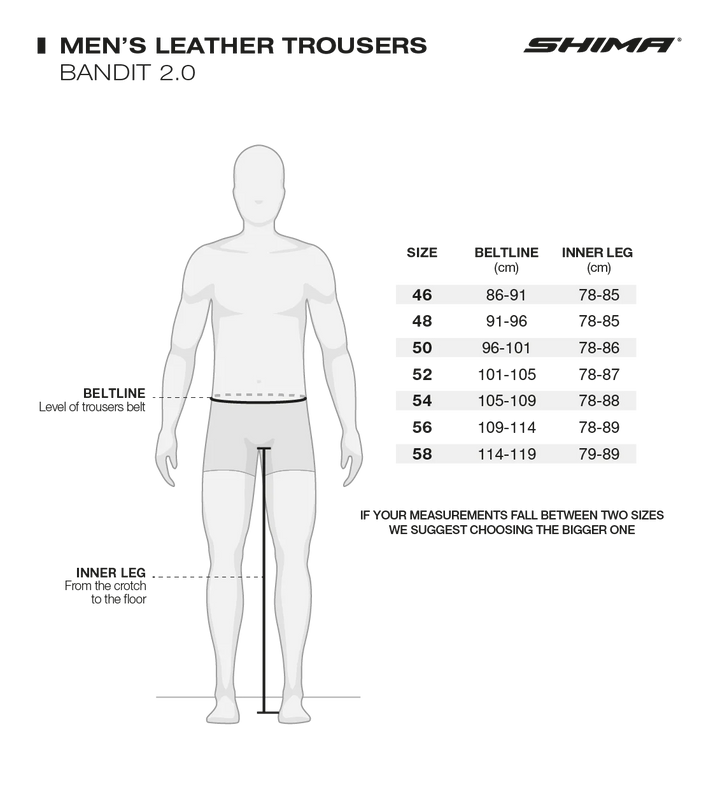 Storleksguide för Shima Mc-Skinnbyxor Bandit 2.0 Svart med mått för midja, höfter och benlängd för storlekar 46 till 58.