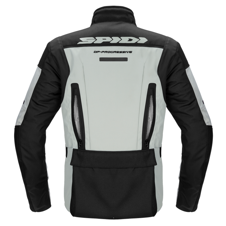 Spidi Textil Mc-Jacka Traveler 3 Grå, baksida med ventilationsöppningar och rymliga fickor. Designad för komfort och säkerhet vid motorcykelkörning.