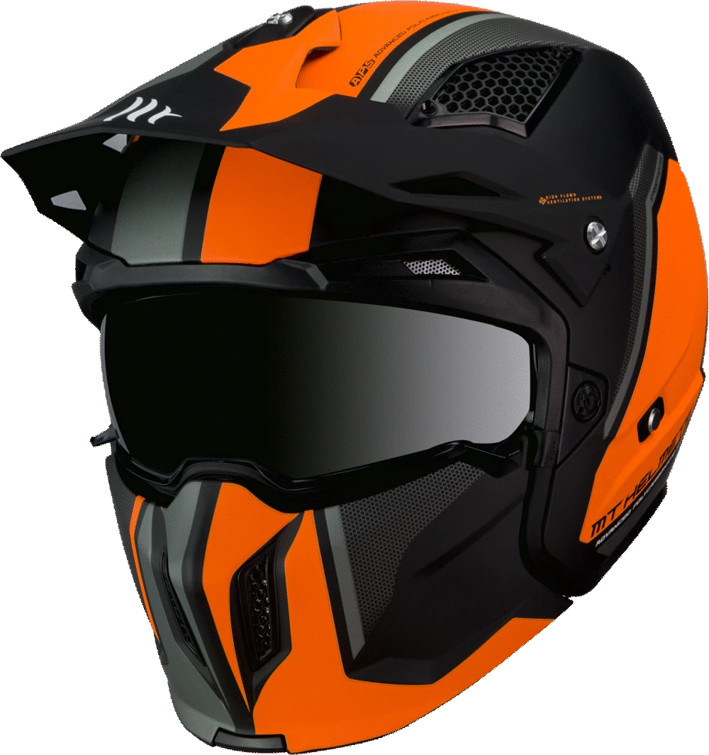 MT Helmets öppen MC-hjälm Streetfighter Twin Orange med modern design, orange och svart färgkombination, och integrerat visir.