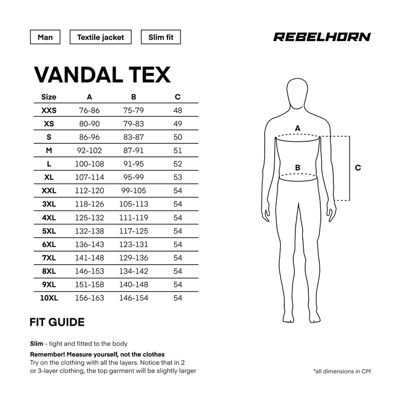 Storlekstabell för Rebelhorn Textil Mc-Jacka Vandal Svart/Vit med mått i centimeter och passformsguide för slim fit.