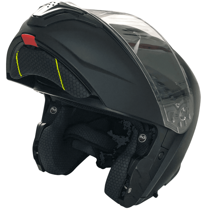 Rocc 810 mc-hjälm med uppfällt visir och vadderad insida för komfort. Praktisk och anpassningsbar design.