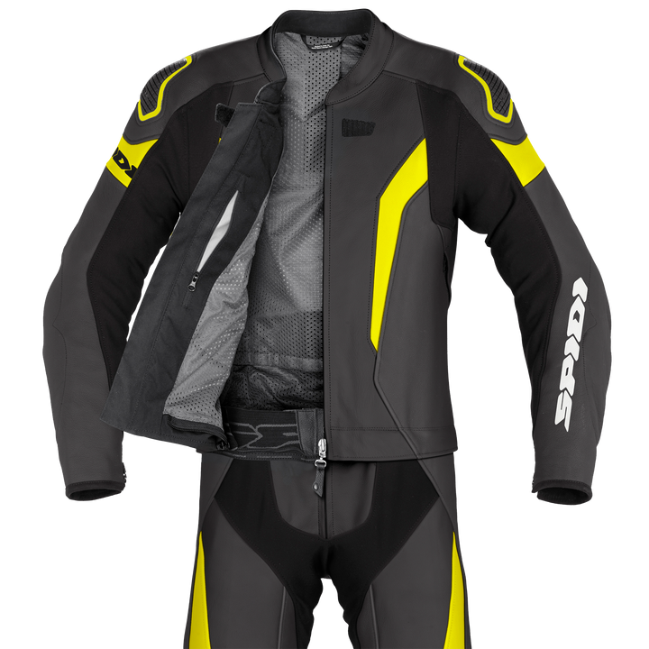 Spidi Mc-Skinnställ 2-delat Laser Touring i svart och fluorgul färg, med öppen jacka som visar ventilerande innerfoder.