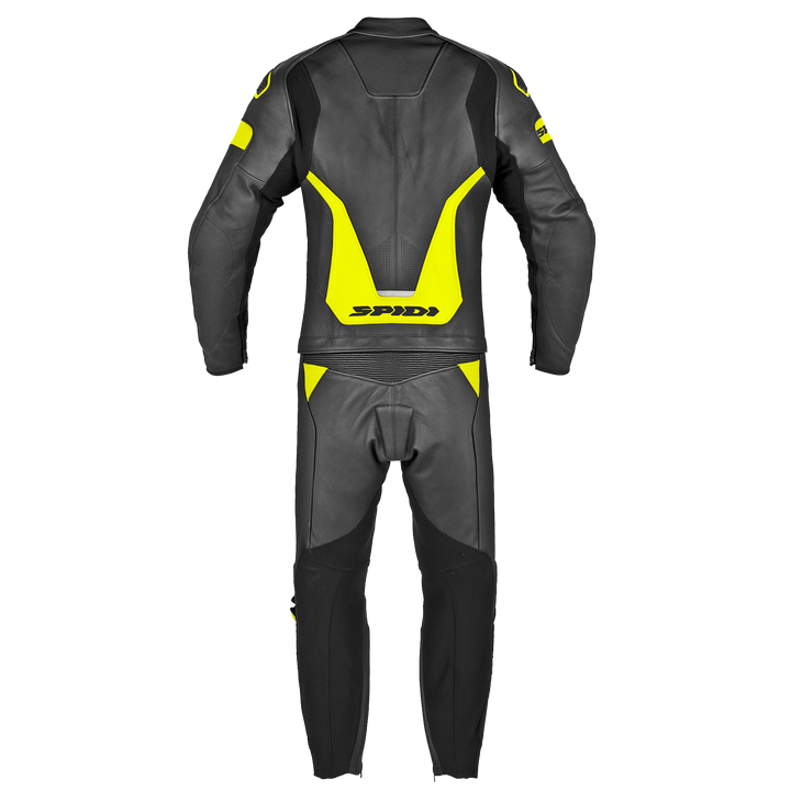 Spidi Mc-Skinnställ 2-delat Laser Touring i svart och fluorgul färg, bakifrån med ryggdetaljer och ergonomisk passform.