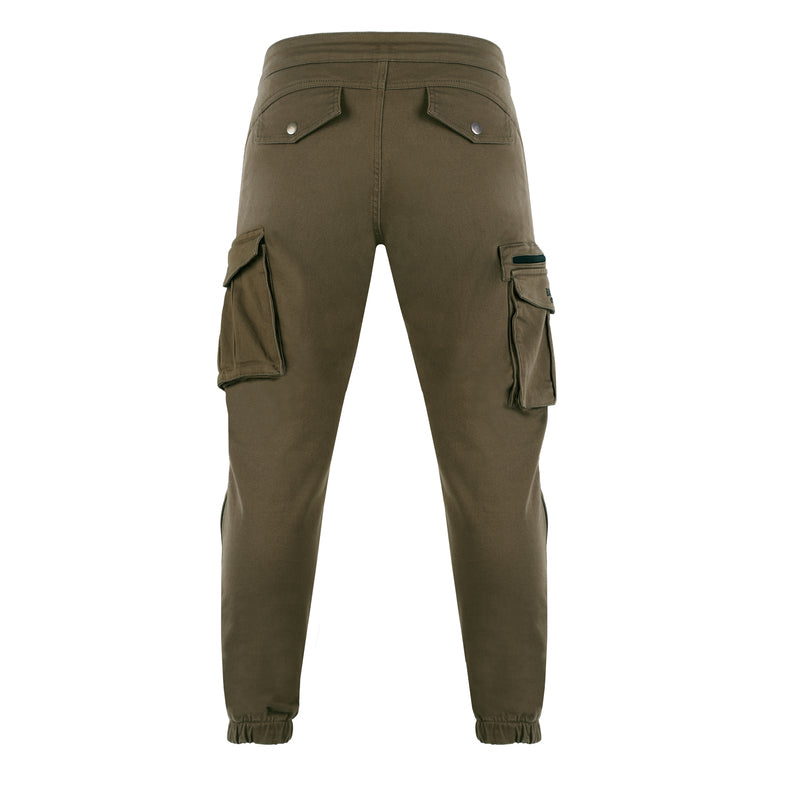 Broger Kevlar Mc-Jeans Alaska Olive bakifrån med fickdetaljer och elastiska benslut för optimal passform och komfort.