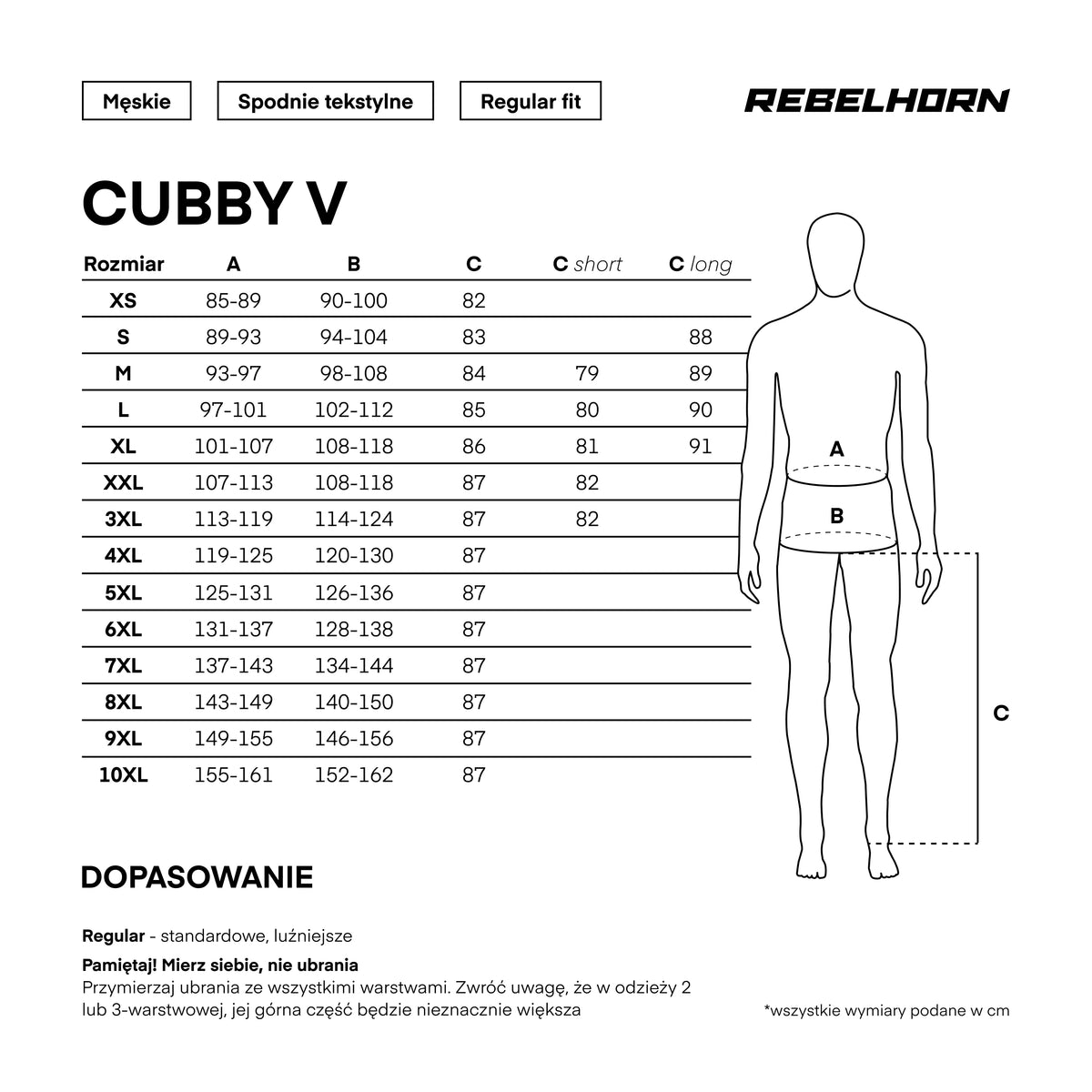 Storlekstabell för Rebelhorn Textil Mc-Byxor Cubby V Svart med mått för olika storlekar inklusive XS till 10XL.