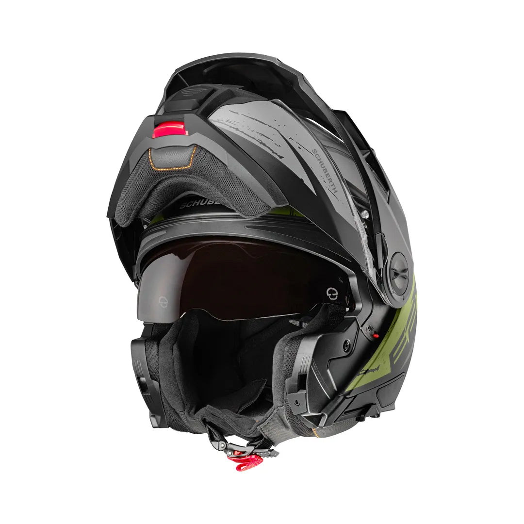 Schuberth E2 Explorer Khaki mc-hjälm med uppfällbar funktion, integrerat solvisir och bekväm interiör för optimal säkerhet och komfort.