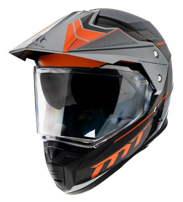 MT Helmets Enduro Mc-Hjälm Synchrony Patrol Matt Orange med visir och aerodynamisk design, grå och orange detaljer, storlek XS-XXL.