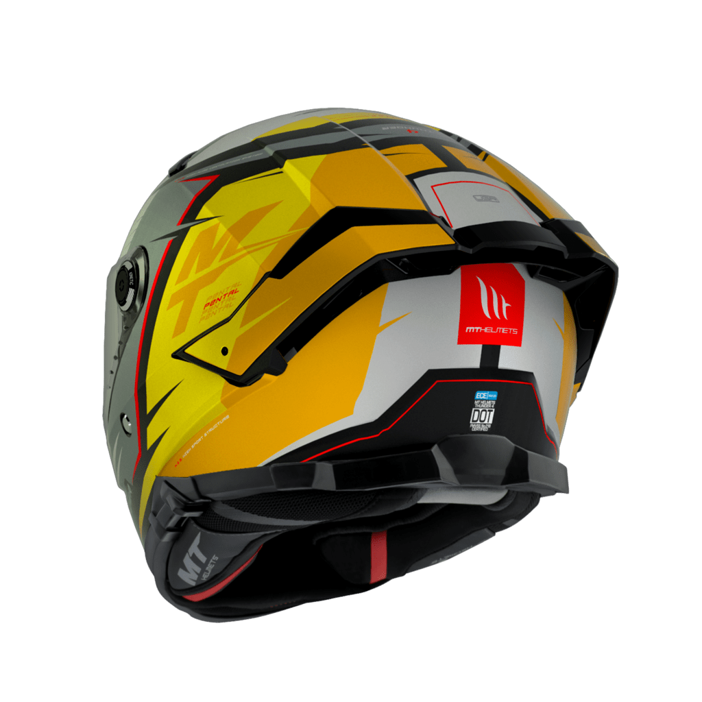 Baksidan av MT Helmets Integral Mc-Hjälm Thunder 4 SV Pental Pearl Gul med modern grafik och säkerhetscertifiering.