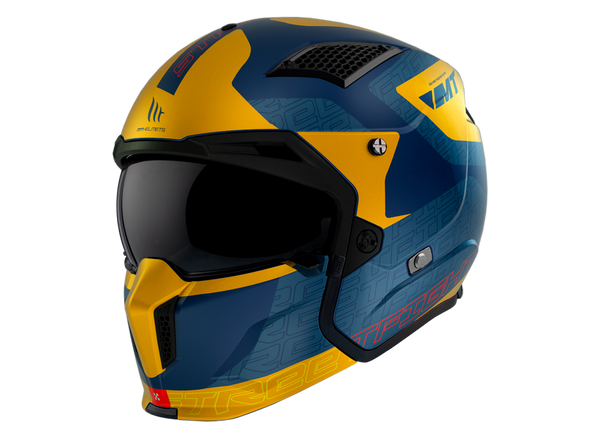 MT Helmets öppen MC-hjälm Streetfighter SV S Totem C3 i blått och gult med modern design och integrerat visir, storlek XS-XXL.