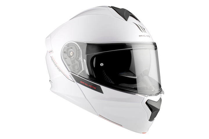 MT Helmets öppningsbar mc-hjälm Genesis SV vit, snett framifrån med integrerat visir och modern design. Idealisk för säker körning.
