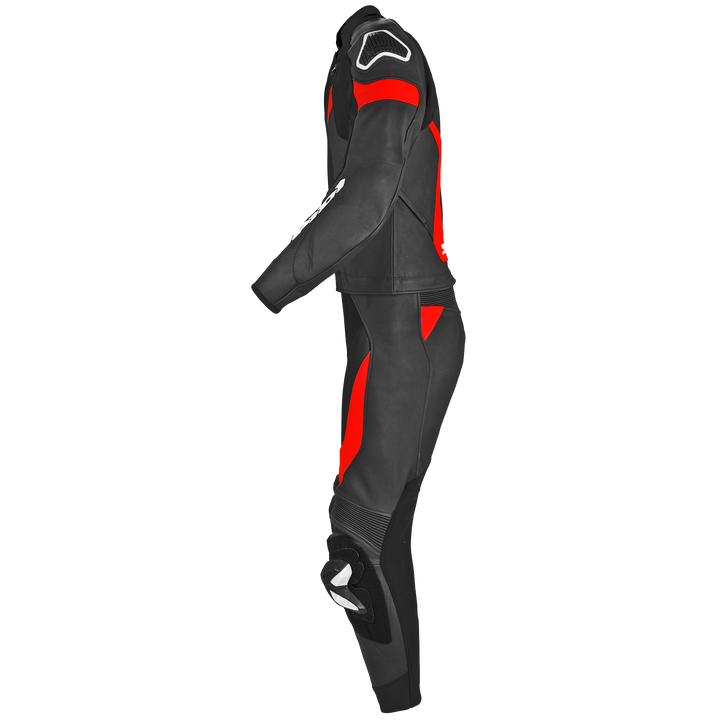 Spidi Mc-Skinnställ 2-delat Laser Touring Svart/Röd från sidan, med förstärkta skyddszoner och flexibel konstruktion för komfort.