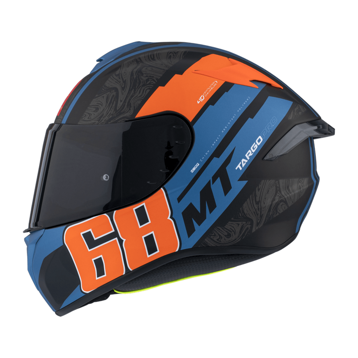 Sidovy av MT Helmets Integral Mc-Hjälm Targo Pro Welcome Orange med nummer 68 och MT-logotyp i sportig design.