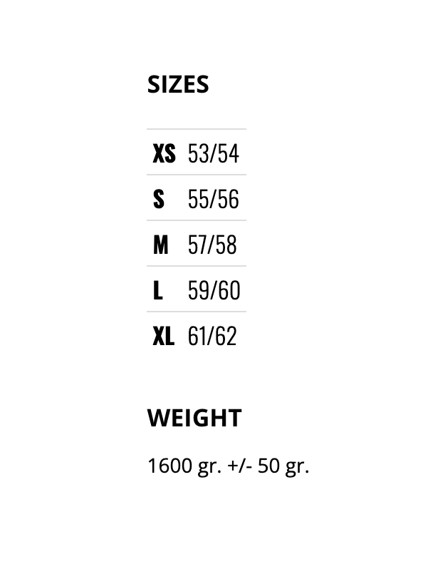 Storlekstabell för Caberg Duke Evo Move MC-hjälm, tillgänglig i XS, S, M, L och XL, med vikt på 1600 gram ± 50 gram.