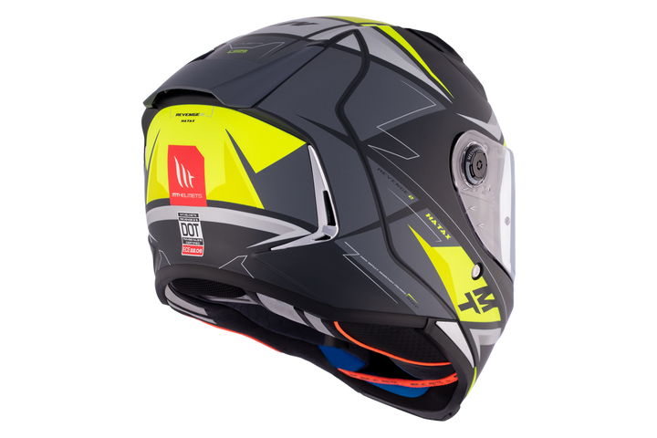 Högersidovy av MT Helmets Integral Mc-Hjälm Revenge 2 Hatax C3, med integrerat visir och detaljerad grafik för en sportig look.