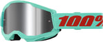 100% Goggles Strata 2 Maupiti med spegelglas och turkos ram, designade för motocross och motorcykelskydd. Justerbart band med röd 100%-logotyp.