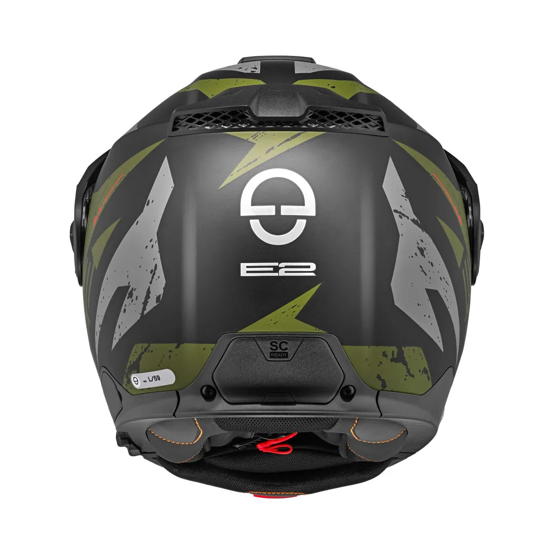 Baksida av Schuberth E2 Explorer Khaki mc-hjälm med E2-logotyp och detaljerad grafik för en sportig och säker look.