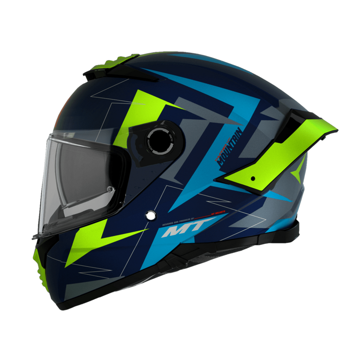 Sidovy av MT Helmets Integral Mc-Hjälm Thunder 4 SV Mountain Matt Blå med aerodynamisk form och grafiska detaljer i blått och grönt.