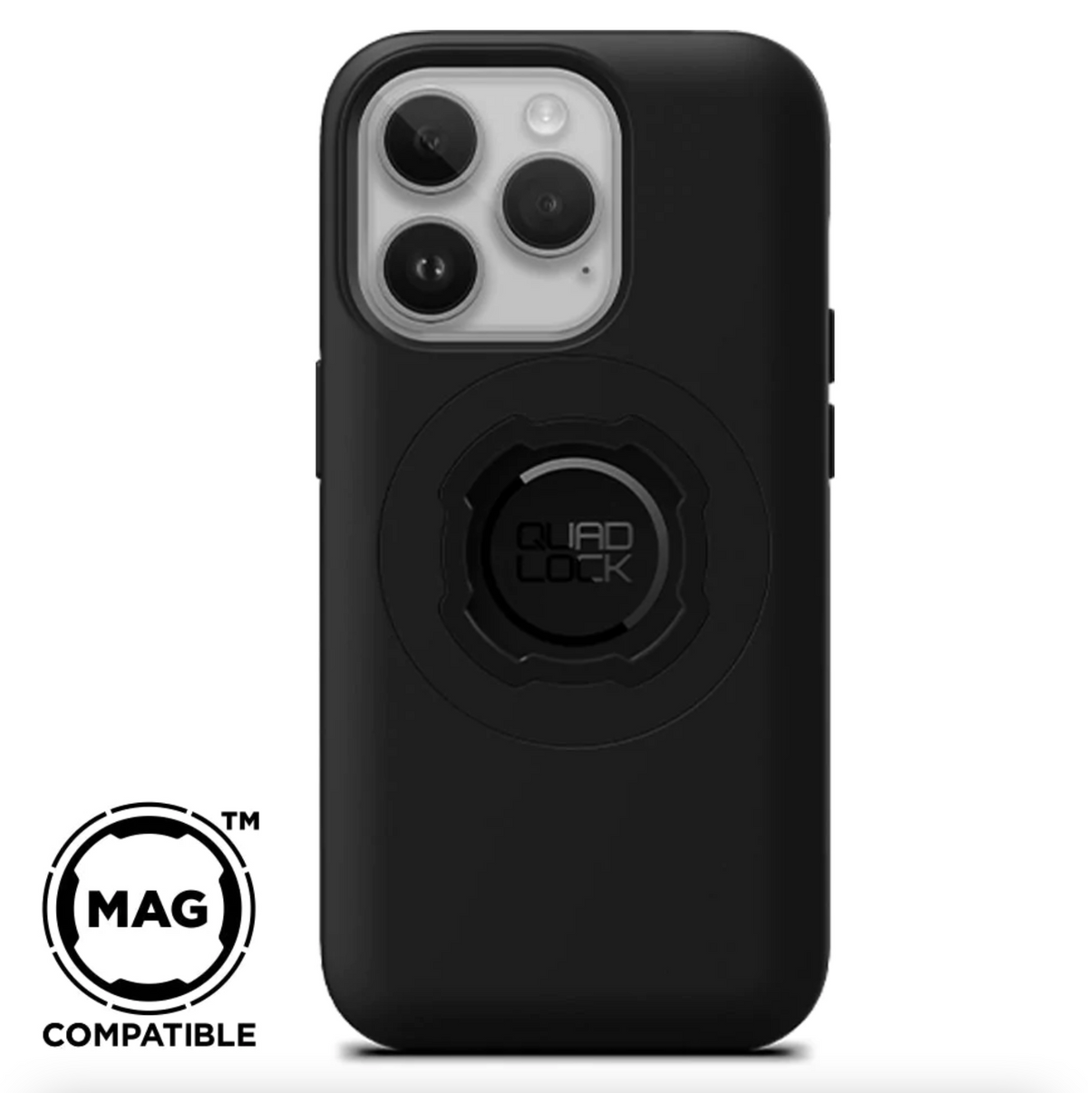 Quad Lock MAG™ iPhone-fodral i svart med magnetisk fästning, kompatibelt med iPhone 12 till iPhone 15 Pro Max. Perfekt för säker montering.