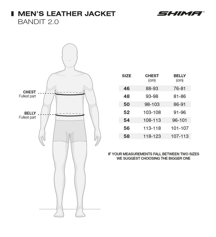 Storleksguide för Shima Mc-Skinnjacka Bandit 2.0 Vit/Svart, med mått för bröst, midja och höft i storlekar 46 till 58.
