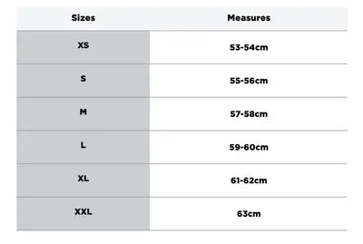 Storlekstabell för Airoh öppningsbar MC-hjälm Rev 19 grå, med mått från XS (53-54 cm) till XXL (63 cm).