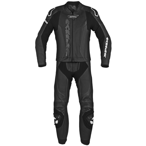 Spidi Mc-Skinnställ 2-delat Laser Touring Svart, framifrån med detaljer som axelskydd och knäskydd. Perfekt för motorcykelåkning.