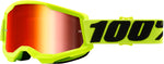 100% Goggles Strata 2 Fluo/Yellow med spegelglas, designade för motocross och motorcykelsäkerhet. Högkvalitativa skyddsglasögon med fluorescerande gul ram och spegelbeläggning.