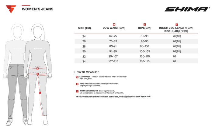 Storlekstabell för Shima Dam Kevlar Mc-Jeans Giro 2.0 Camo med mått för midja, höfter och innerbenslängd.